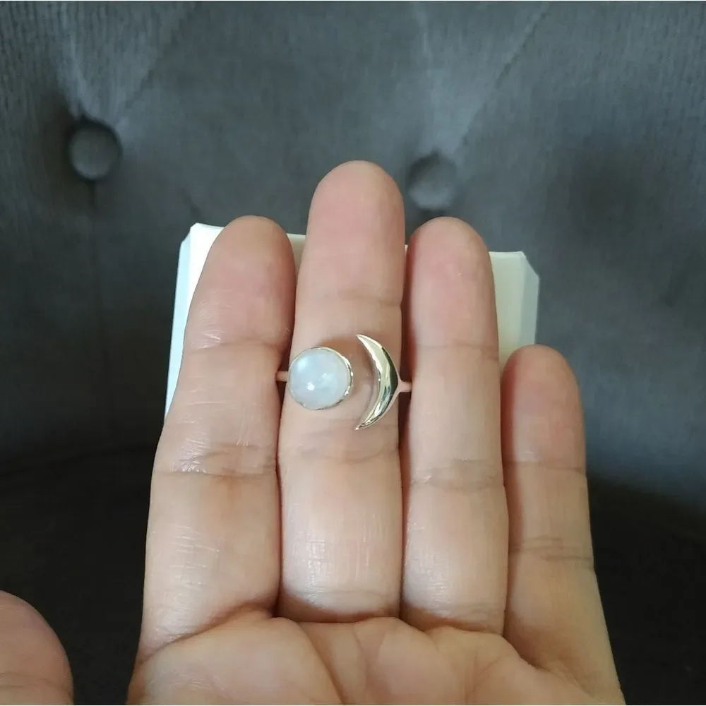 Shivam Moonstone and Silver Crescent Moon🌙 Ring - Picture 3 of 16